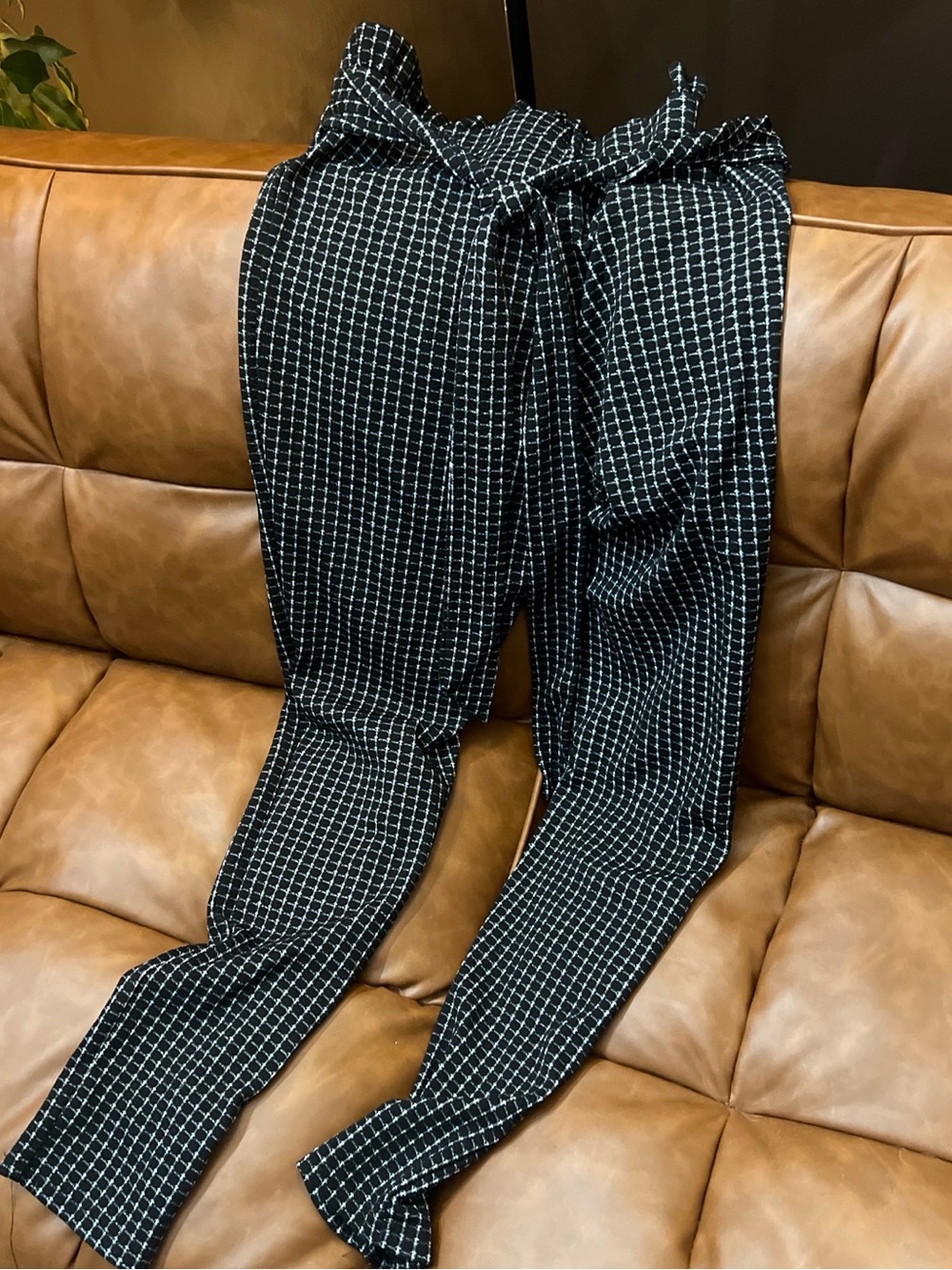 Black Windowpane Paperbag Waist Pants
